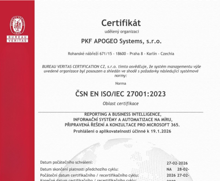 PKF APOGEO Systems získalo certifikaci ISO/IEC 27001:2023